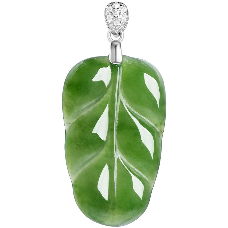 Natural Spinach Green Hetian Jade Leaf Necklace, Unisex Design, 925 Sterling Silver Setting