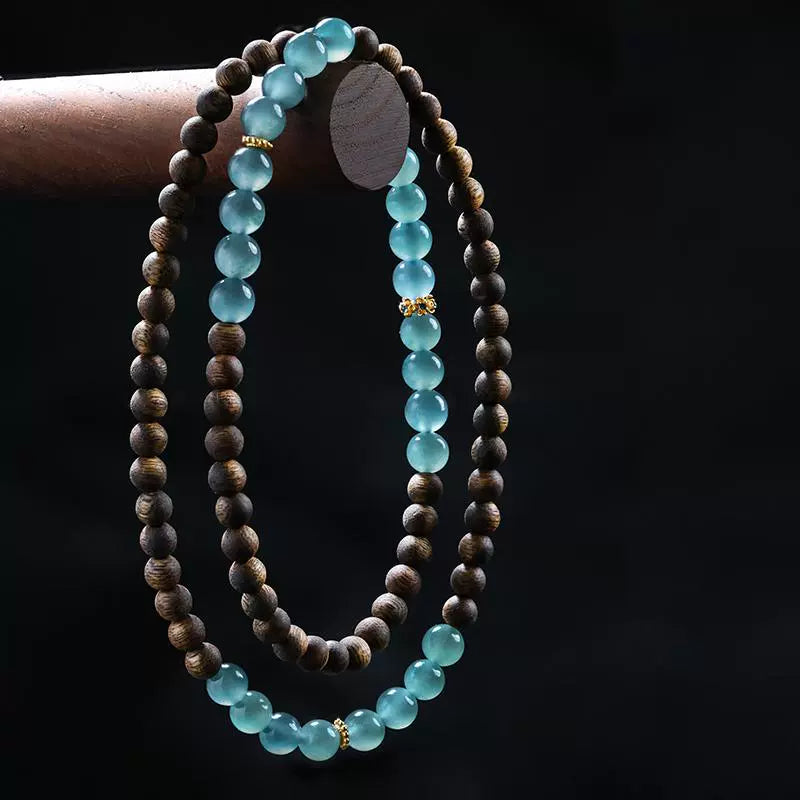 Natural Kyara Agarwood Bracelet with Premium Blue Water Ice Jadeite Multi-Layer Buddhist Prayer Beads