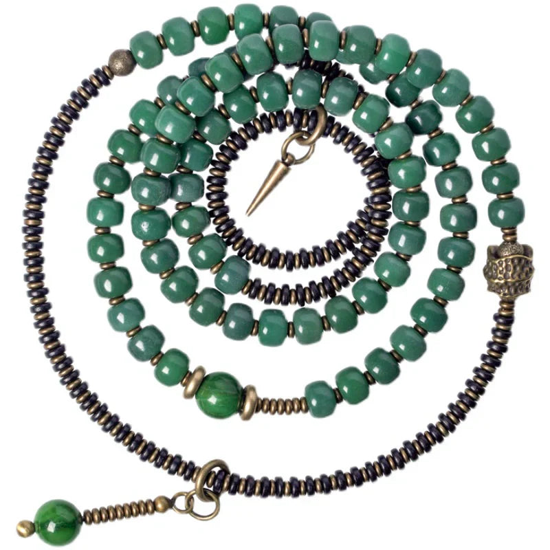 Green Bodhi Beads Bracelet with Ebony & Brass Spacers · Multi-Layer Spiritual Mala for Meditation & Mindfulness