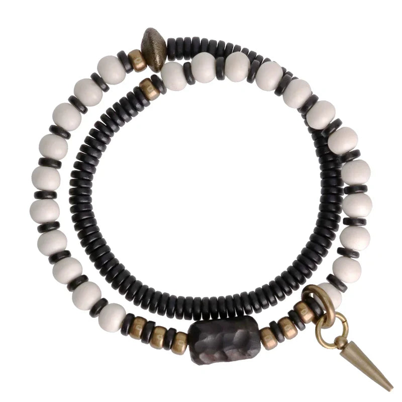 Tibetan Deer Bone and Ebony Beads Unisex Bracelet with Brass Accent