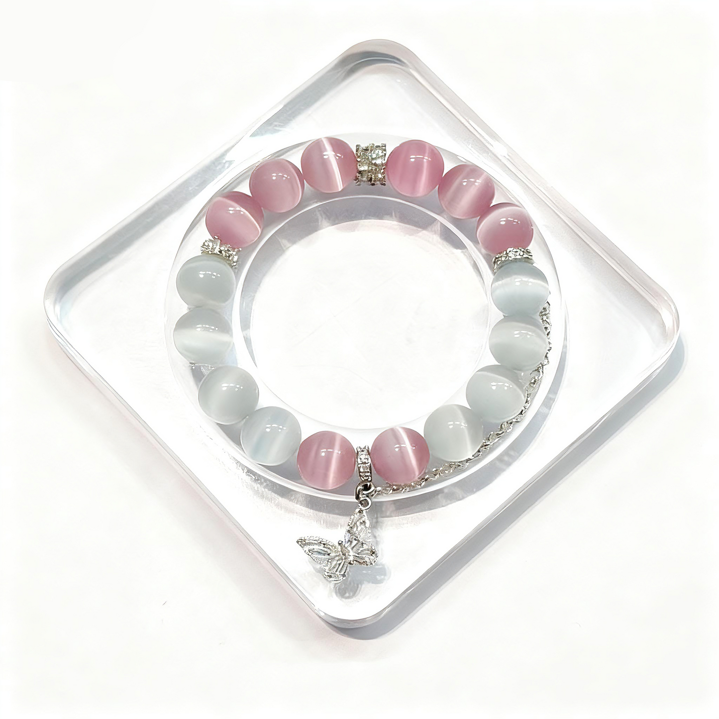 Pink & White Cat Eye Crystal Bracelet with Butterfly Charm ā Personalized Handmade Energy Beads