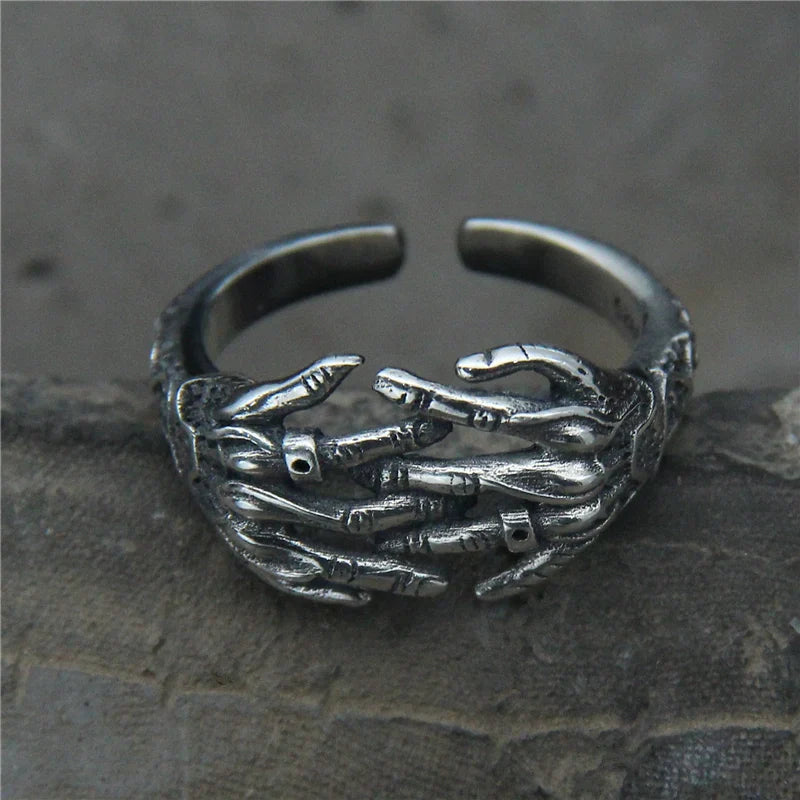 S925 Sterling Silver Adjustable Skeleton Hand Ring Vintage Tail Ring