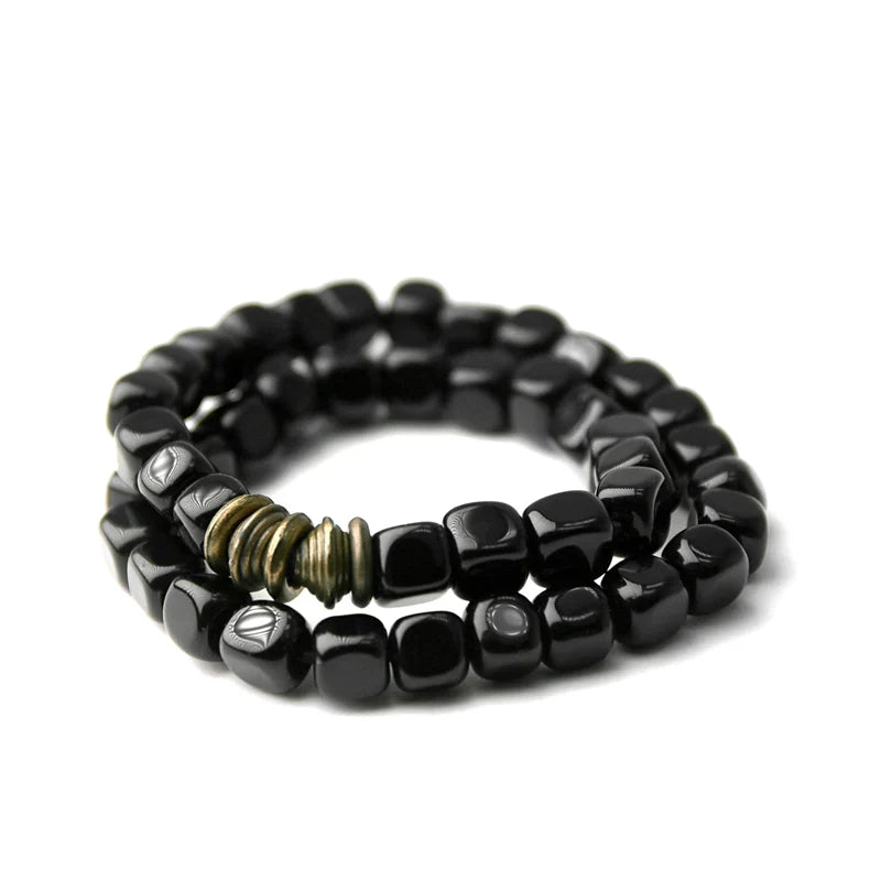 Tibetan Double-Layer Obsidian Square Bead Bracelet ā Vintage Style for Men & Women