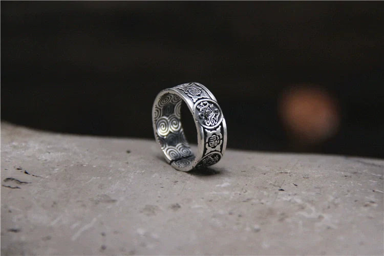 Buddha3bodhi Handmade Sliver Ring Retro and Old Lucky Character Four Divine Beast Ring