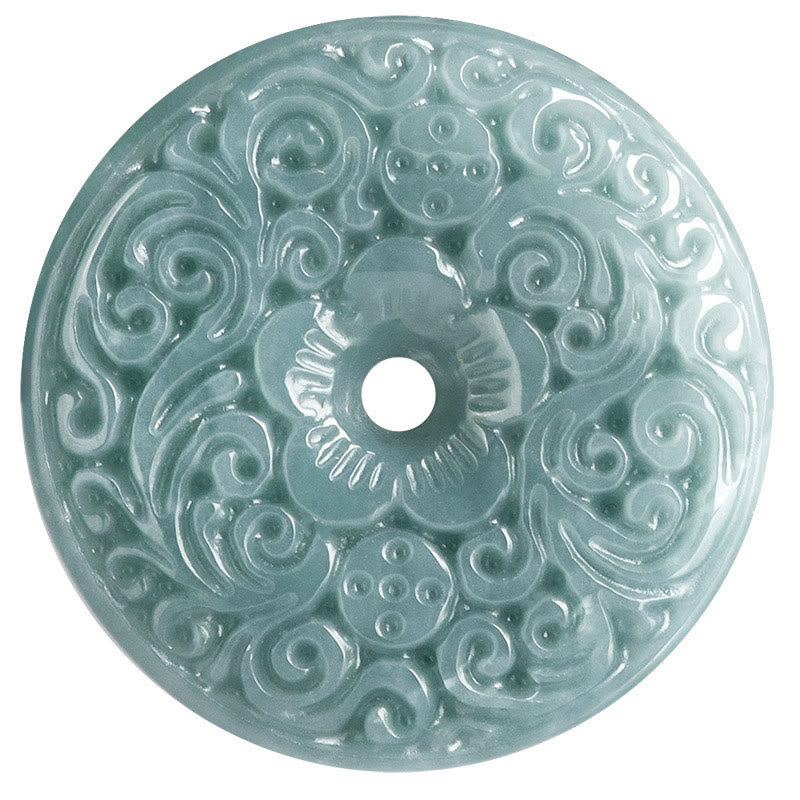 Wear FengShui Green Jade Flower Carved Peace Buckle Abundance Necklace Pendant