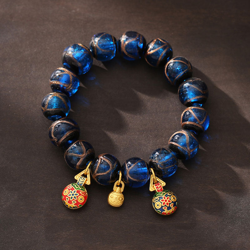 Wear FengShui Gold Swallowing Beast Luck Charm Blue Liuli Glass Bead Fortune Bracelet