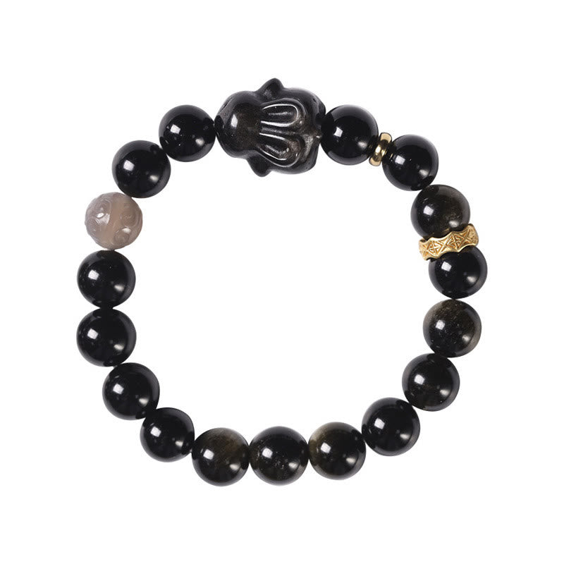 Wear FengShui Gold Sheen Obsidian Black Obsidian Silver Sheen Obsidian Cute Rabbit Protection Bracelet