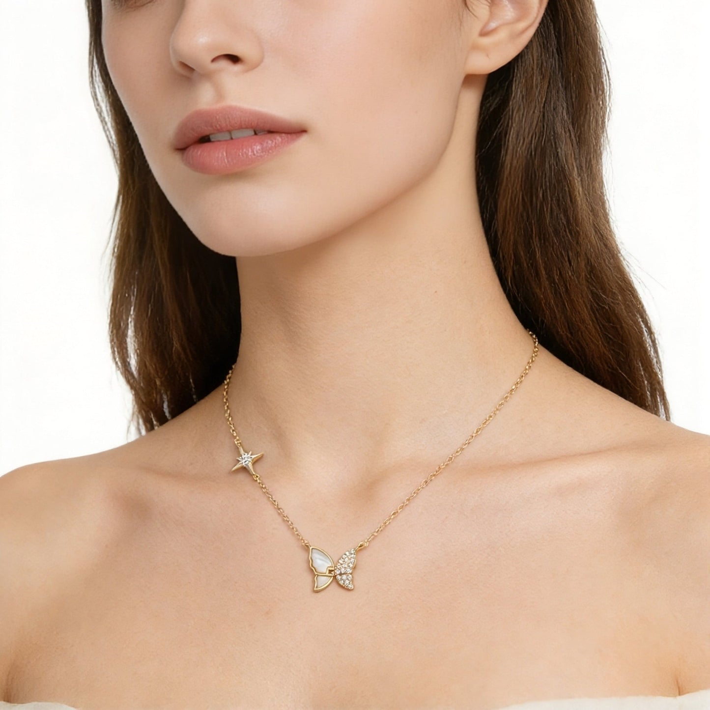 White Mother of Pearl CZ Butterfly Necklace for Women