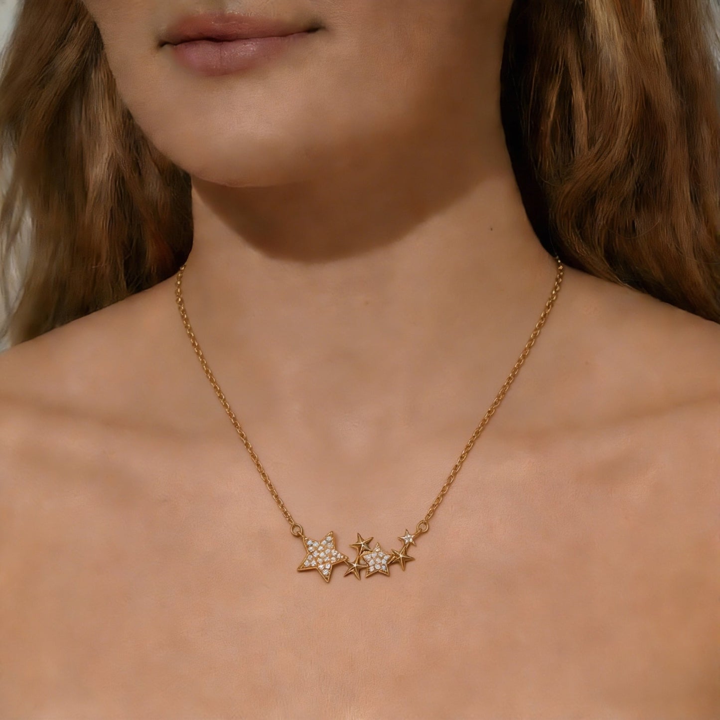 Gold-Plated Cubic Zirconia Starry Sky Pentagram Clavicle Necklace for Women