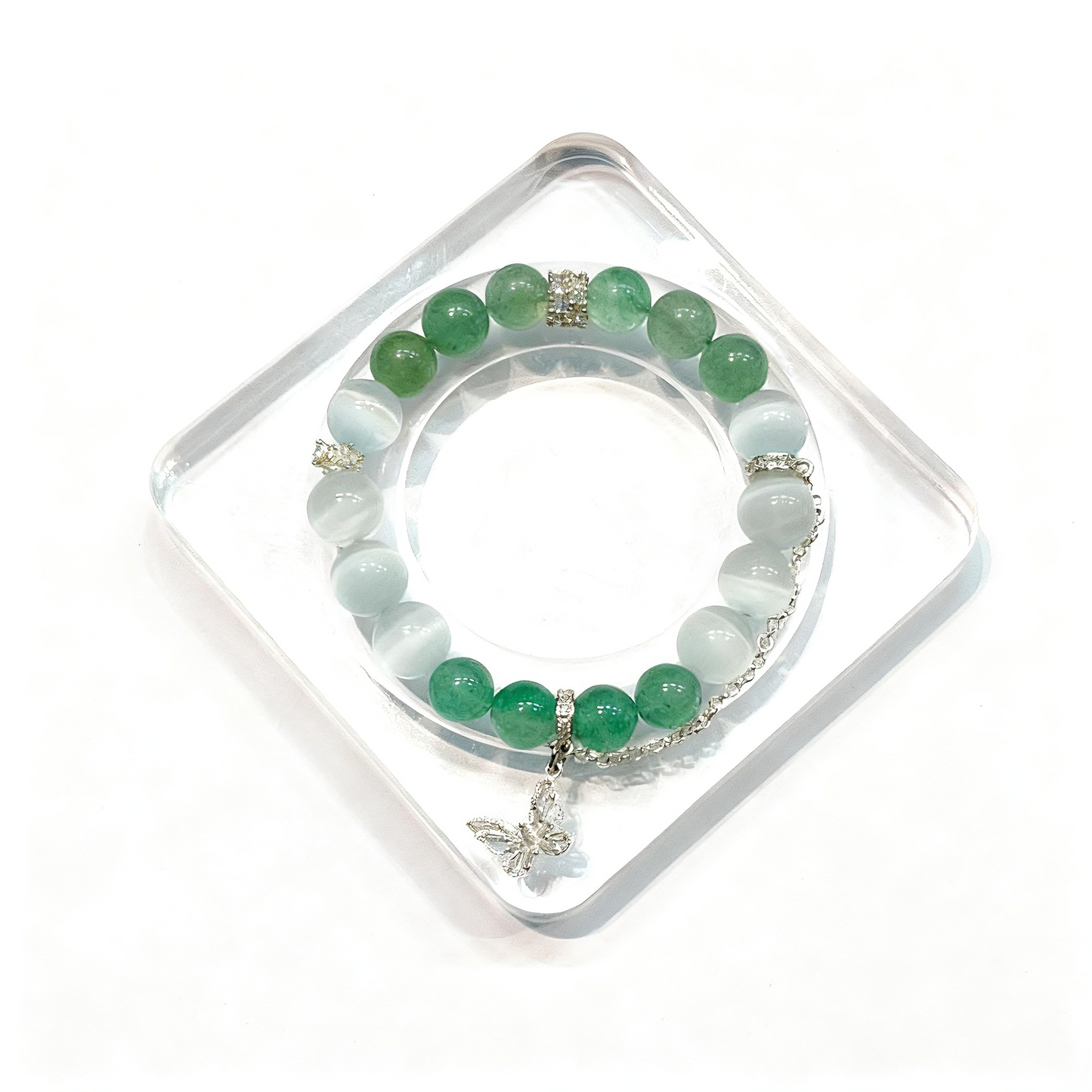 Green Strawberry Quartz & White Cat Eye Crystal Bracelet with Butterfly Charm ā Personalized Handmade Energy Beads