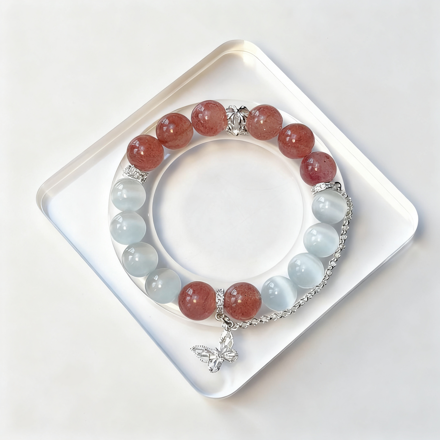 White Cat Eye & Strawberry Quartz Crystal Bracelet with Butterfly Charm β Personalized Handmade Energy Beads