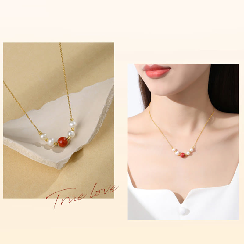 Wear FengShui 925 Sterling Silver Pearl Cinnabar Sincerity Healing Bead Chain Necklace Pendant