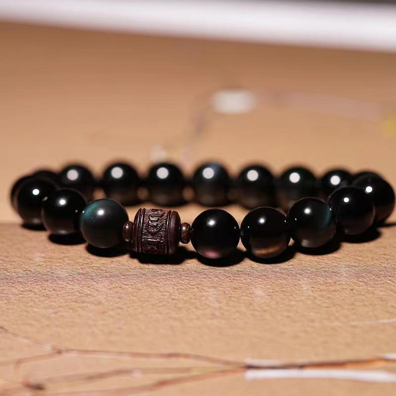 Wear FengShui Natural Gold Sheen Obsidian Rainbow Obsidian Om Mani Padme Hum Fu Character Healing Bracelet
