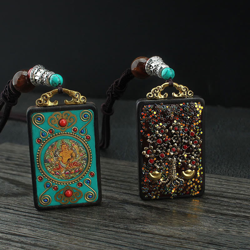 Wear FengShui Tibet God Of Wealth Money Tree Golden Phoenix Thangka Ebony Peace Necklace Pendant