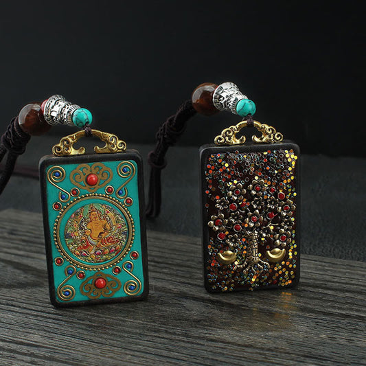 Wear FengShui Tibet God Of Wealth Money Tree Golden Phoenix Thangka Ebony Peace Necklace Pendant