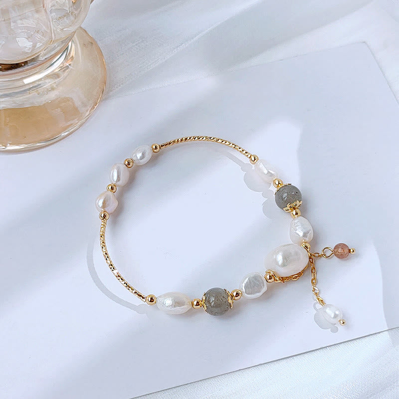 Wear FengShui Pearl Moonstone Strawberry Quartz Bead Optimism Bracelet