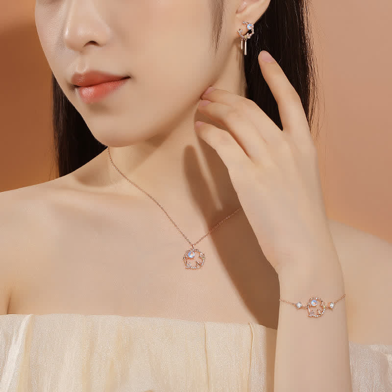 Wear FengShui 925 Sterling Silver Year of the Rabbit Moonstone Moon Flower Pattern Necklace Pendant Bracelet Earrings