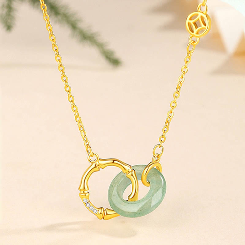 Wear FengShui 925 Sterling Silver Natural Green Aventurine Peace Buckle Bamboo Coin Prosperity Necklace Pendant