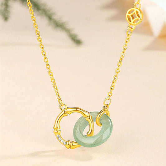 Wear FengShui 925 Sterling Silver Natural Green Aventurine Peace Buckle Bamboo Coin Prosperity Necklace Pendant