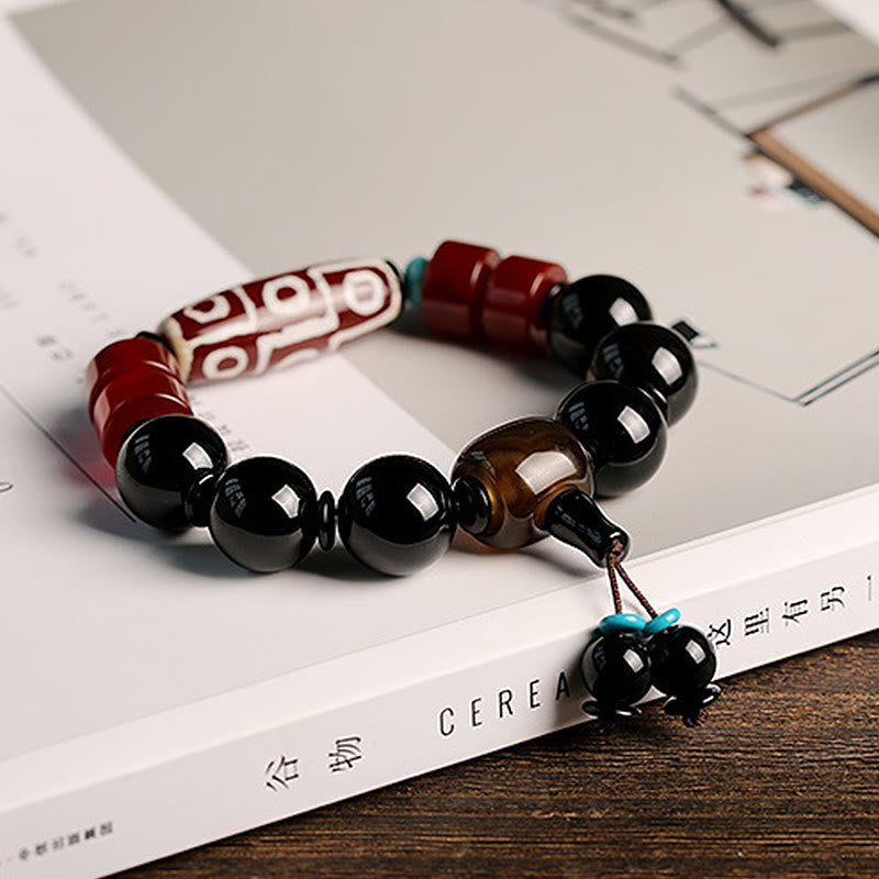 Wear FengShui Tibetan Nine-Eye Dzi Bead Black Onyx Wealth Protection Bracelet