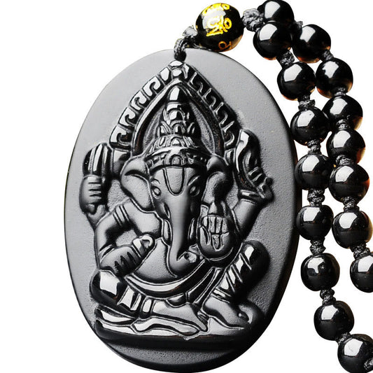 Wear FengShui Tibetan Obsidian Ganesh Ganpati Elephant Wealth Amulet Necklace