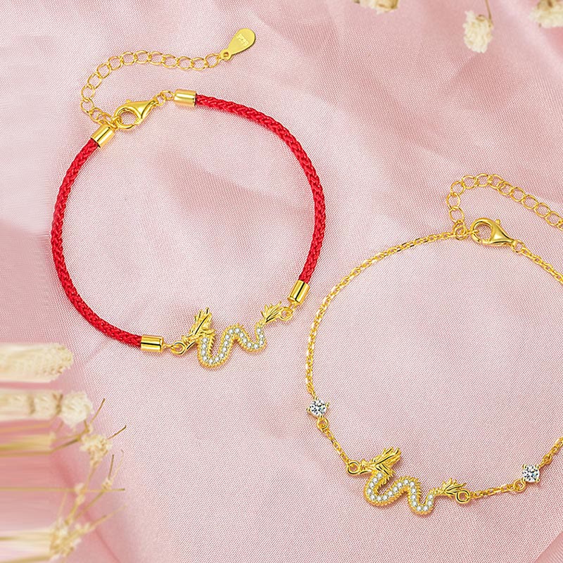 Wear FengShui 925 Sterling Silver Year Of The Dragon Auspicious Golden Dragon Luck Red Rope Chain Bracelet