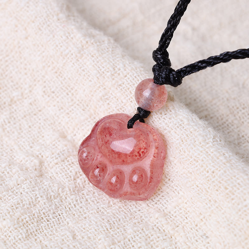 Wear FengShui Strawberry Quartz Lovely Cat Paw Claw Healing Necklace Pendant