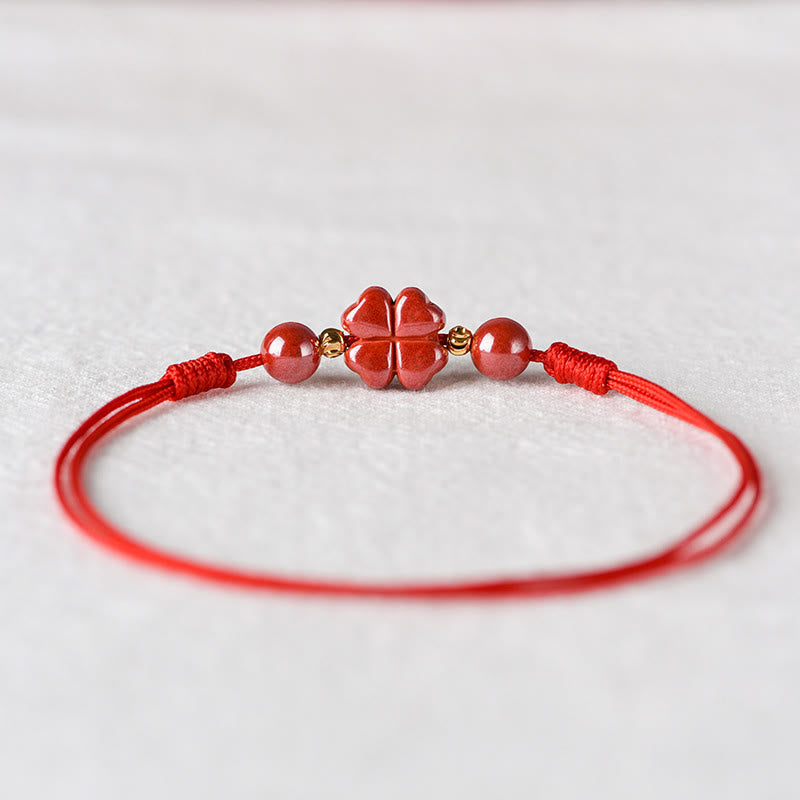 Wear FengShui Four Leaf Clover Cinnabar Blessing Calm String Bracelet Anklet