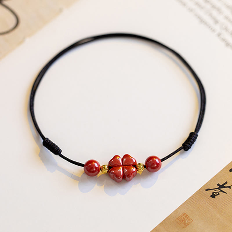 Wear FengShui Four Leaf Clover Cinnabar Blessing Calm String Bracelet Anklet