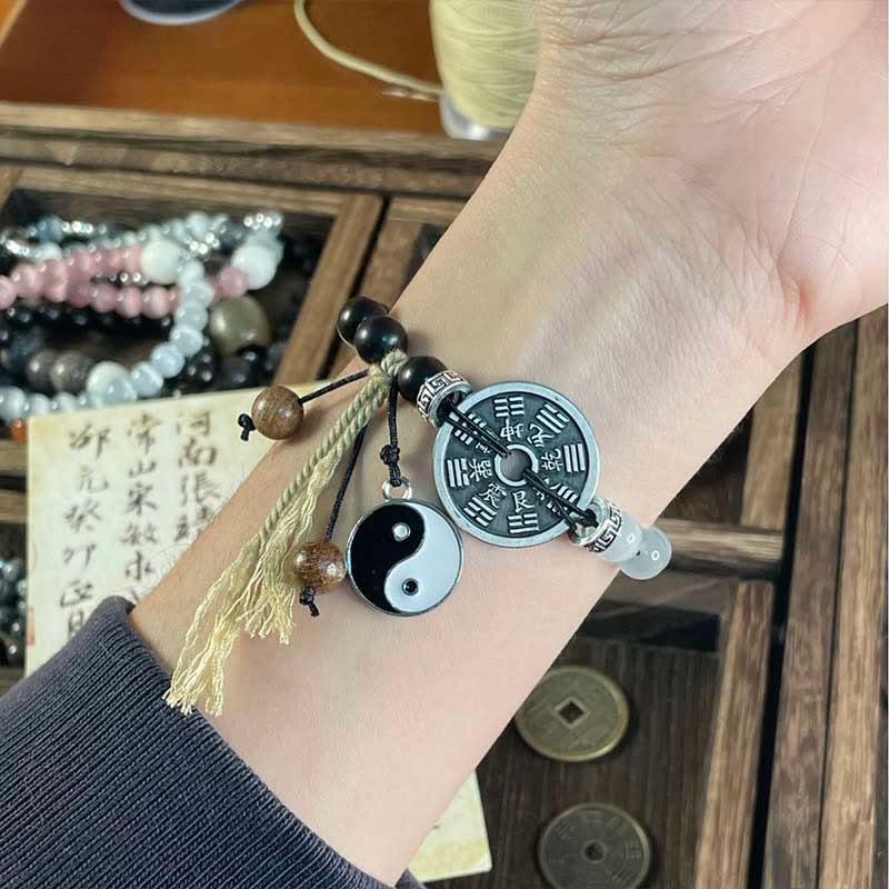 Wear FengShui Cat's Eye Ebony Wood Yin Yang Bagua Coin Support Rope Bracelet