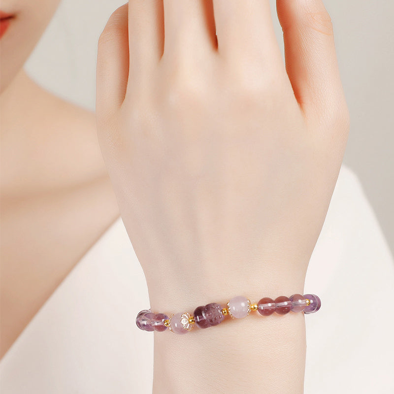 Wear FengShui Aquamarine Strawberry Quartz Amethyst Moonstone PiXiu Healing Bracelet