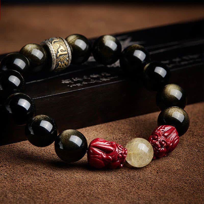 Wear FengShui Gold Sheen Obsidian PiXiu Cinnabar Om Mani Padme Hum Protection Bracelet