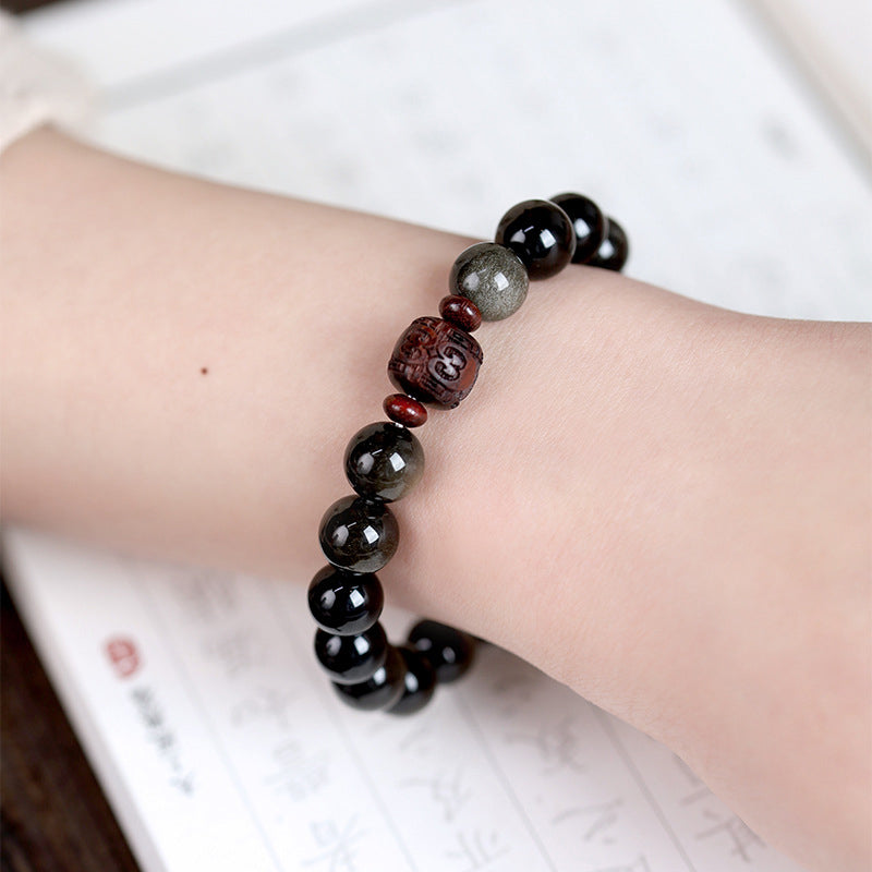 Wear FengShui Natural Gold Sheen Obsidian Rainbow Obsidian Om Mani Padme Hum Fu Character Healing Bracelet