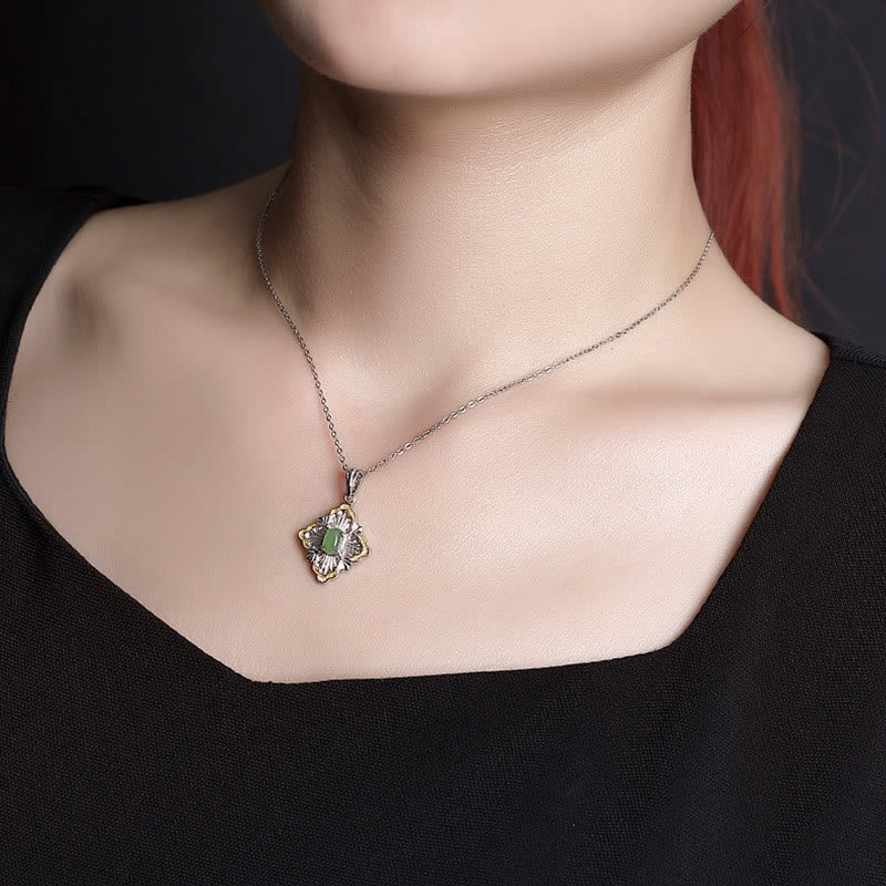 Wear FengShui 925 Sterling Silver Plated Gold Hetian Cyan Jade Rhombus Design Luck Healing Necklace Pendant