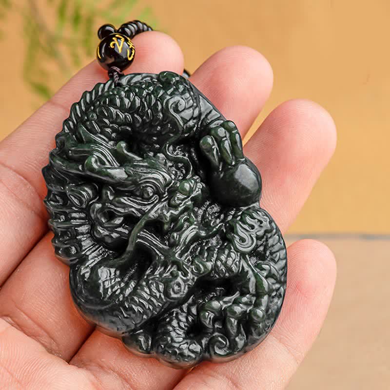 Wear FengShui Hetian Cyan Jade Dragon Success Harmony Necklace Beaded String Pendant