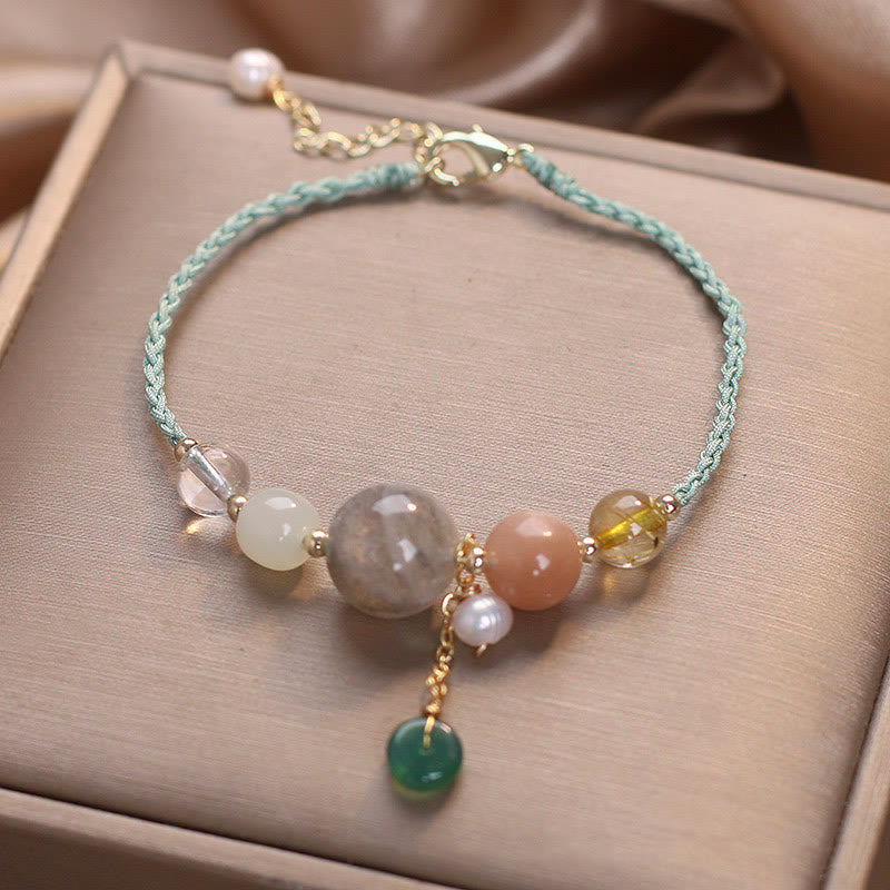 Wear FengShui Moonstone Sunstone Beads Peace Buckle Charm Healing Bracelet