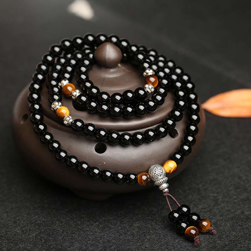Wear FengShui Black Obsidian Tiger Eye Blessing Mala Bracelet