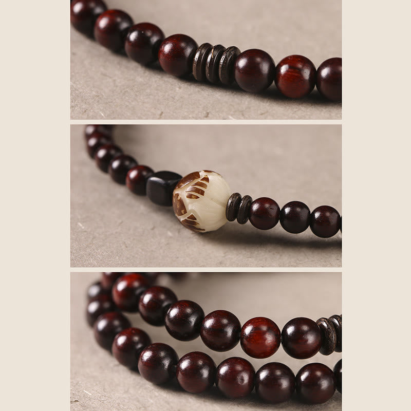 Wear FengShui Small Leaf Red Sandalwood Lotus Bodhi Seed Carved Protection Double Wrap Bracelet