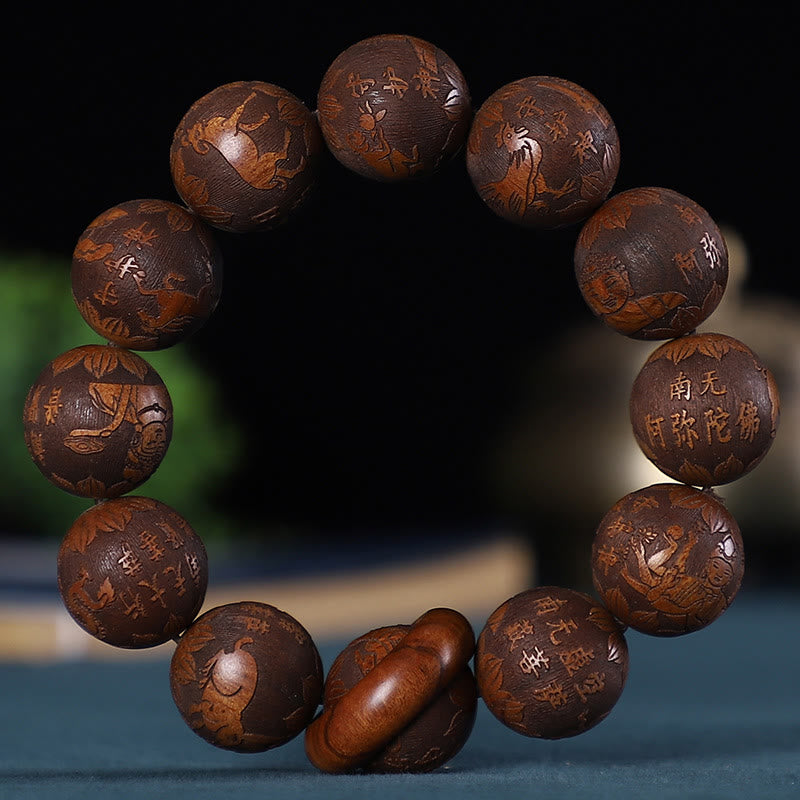 Wear FengShui Chinese Zodiac Rosewood Green Sandalwood Ebony Wood Copper Coin Carved Calm Bracelet