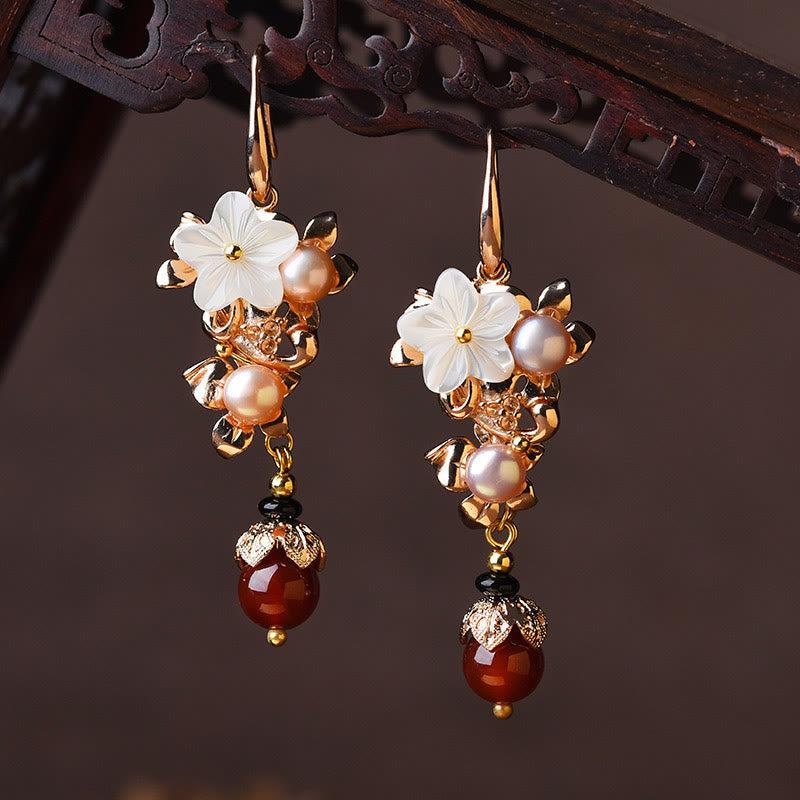 Wear FengShui 14K Gold Plated Tridacna Stone Flower Pearl Green Aventurine Bead Drop Earrings