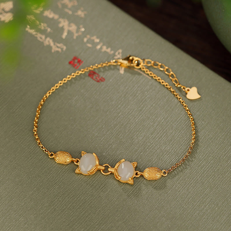 Wear FengShui 925 Sterling Silver Natural Hetian White Jade Cyan Jade Lovely Fox Luck Bracelet