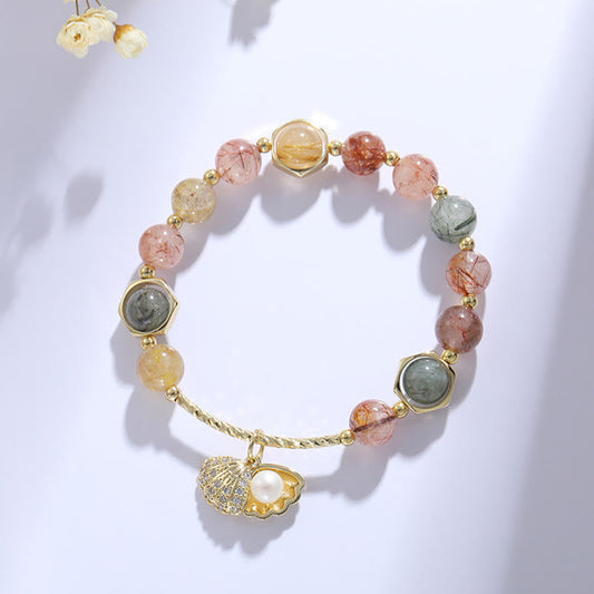 Wear FengShui Natural Colorful Rutilated Quartz Shell Protection Bead Bracelet