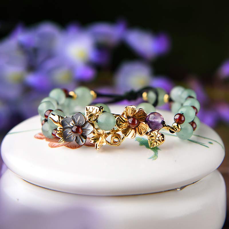 Wear FengShui Green Aventurine Garnet Bead Flower Petal Luck Bracelet