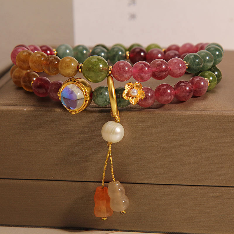 Wear FengShui Multicolored Tourmaline Positive Double Wrap Gourd Charm Bracelet