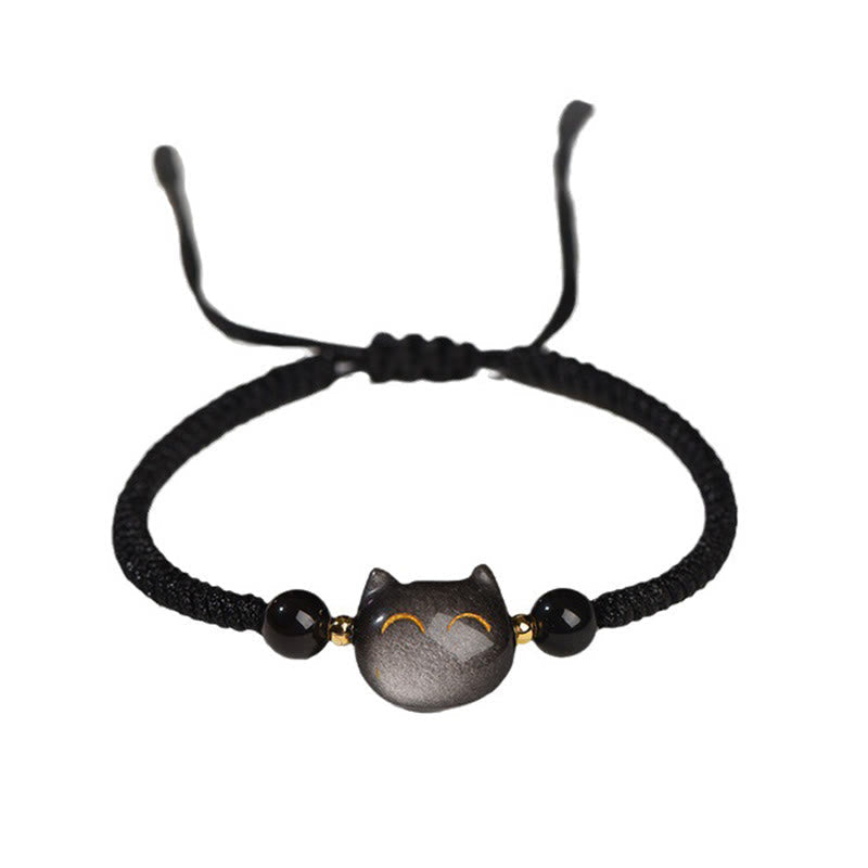 Wear FengShui Handmade Natural Silver Sheen Obsidian Strawberry Quartz Cute Cat Protection Braided Bracelet