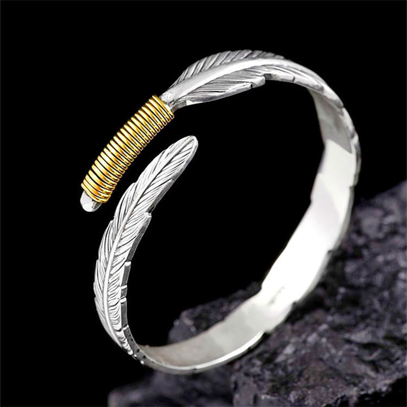 Wear FengShui Feather Pattern Engraved Luck Cuff Bracelet Bangle
