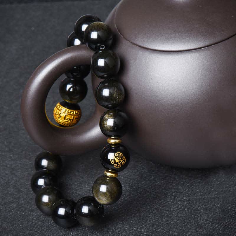 Wear FengShui Chinese Zodiac Natal Buddha Gold Sheen Obsidian Wealth Protection Bracelet