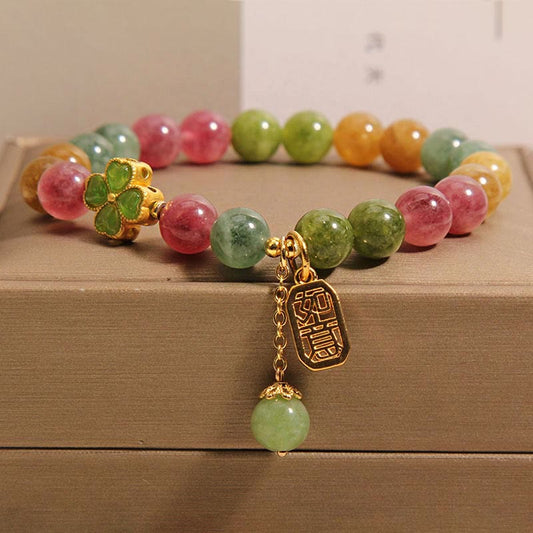 Wear FengShui Tourmaline Jade Colorful Four-leaf Clover Positive Bracelet