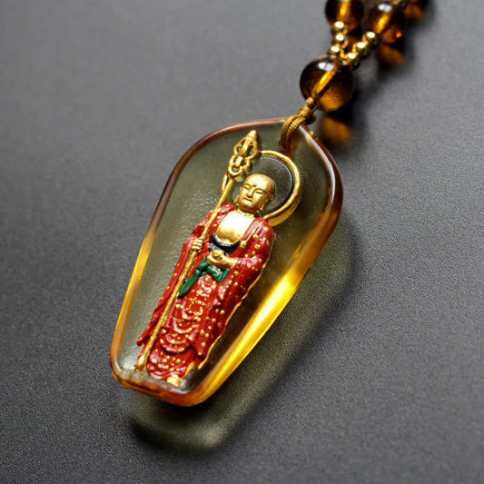 Wear FengShui Ksitigarbha Buddha Liuli Crystal Compassion Amulet Necklace Pendant