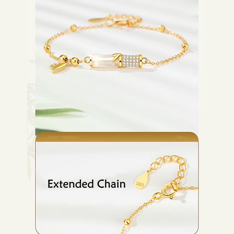 Wear FengShui 925 Sterling Silver 18K Gold Plated White Jade Bamboo Zircon Leaf Luck Bracelet